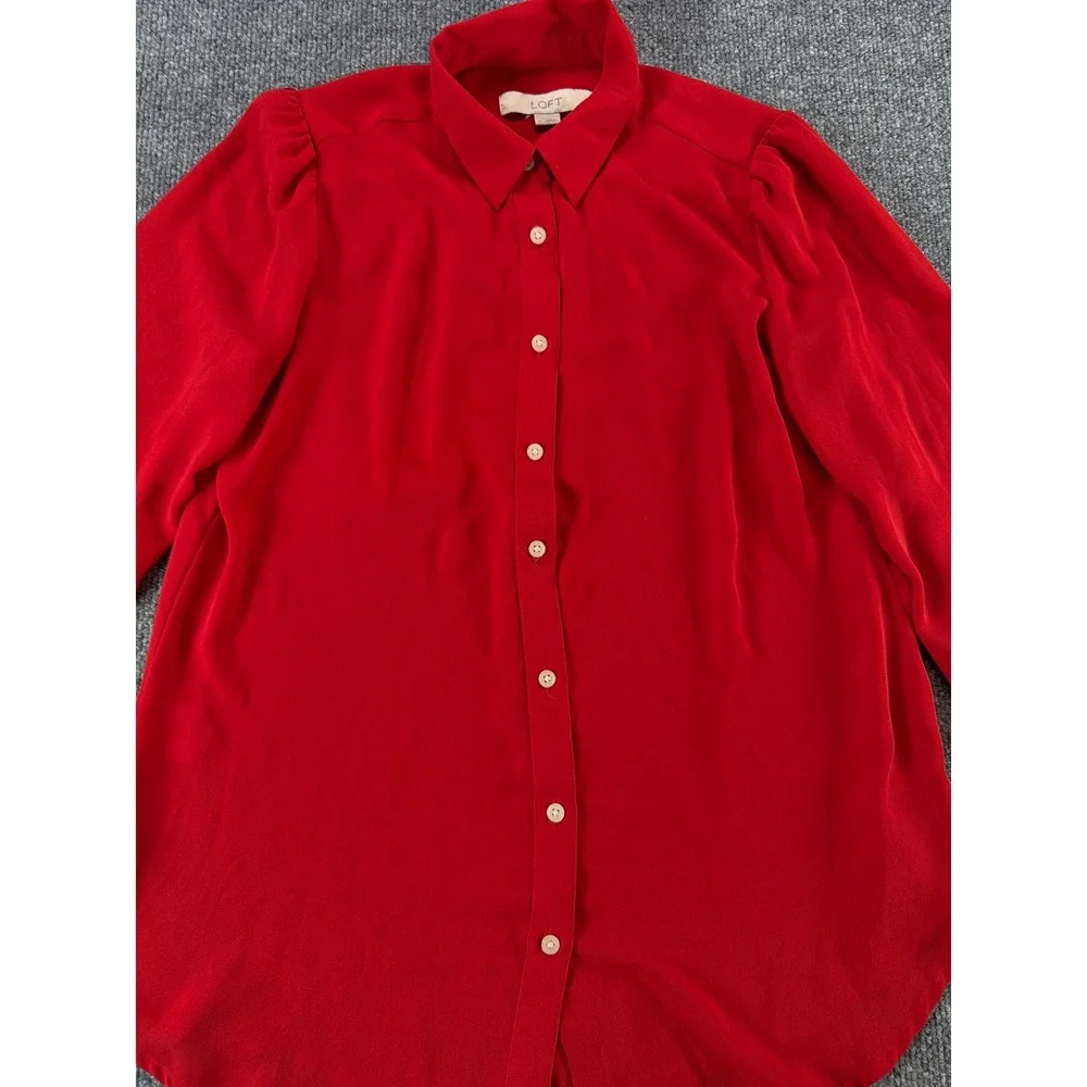 Loft Women Red Long Sleeve Button Down Blouse Puff Shoulder Top XS Colorful bold